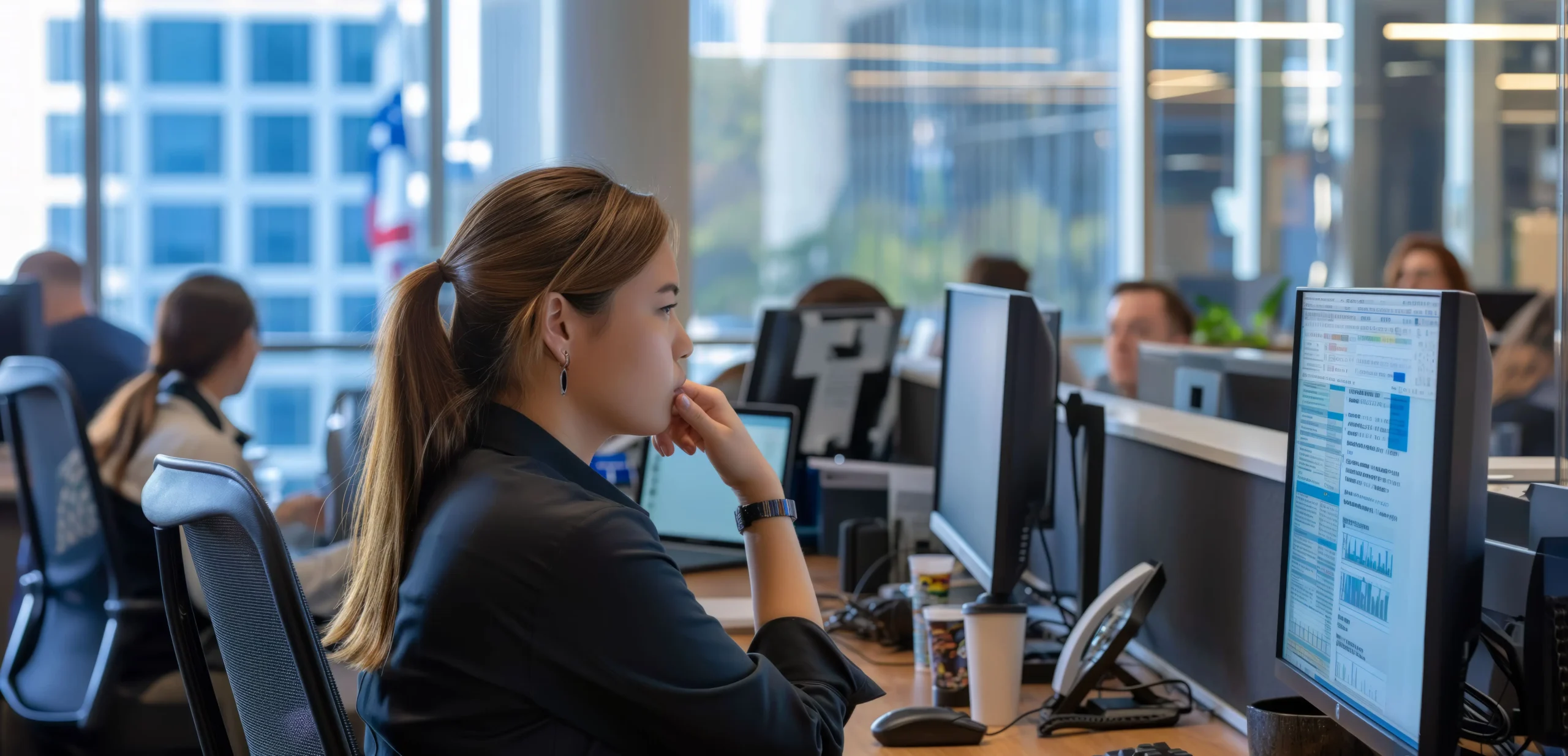 Focused call center agent working in a modern office, symbolizing the future of BPO with advanced digital tools